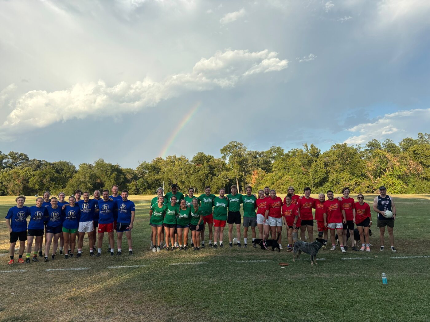 The three Dallas GAA Pub League teams lined up beneath a rainbow